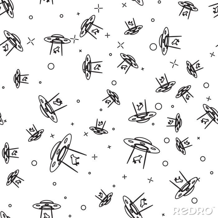 Tapete Schwarzes UFO entführt Kuhikone lokalisiertes nahtloses Muster auf weißem Hintergrund. Fliegende Untertasse. Außerirdisches Raumschiff. Futuristisches unbekanntes Flugobjekt. Vektor-Illustration