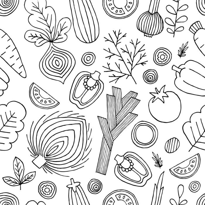 Tapete Schwarzes und weißes Gemüse im skandinavischen Stil