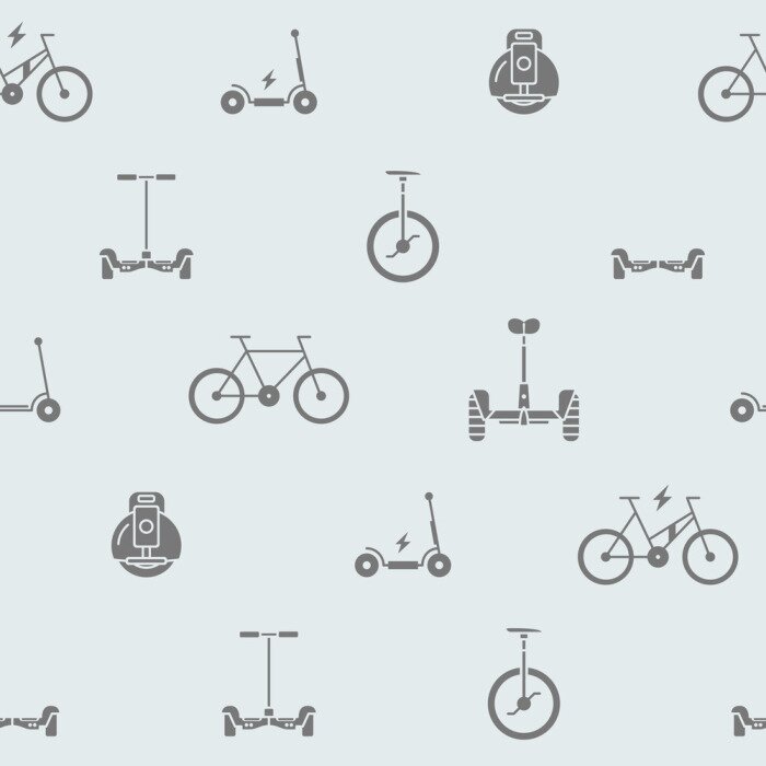Tapete Scooter and electric transport background - Vector seamless pattern solid silhouettes of vehicles for graphic design