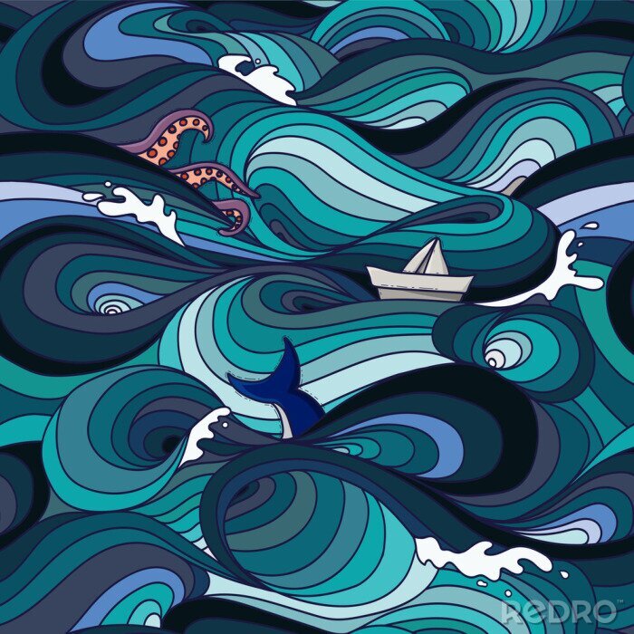 Tapete sea pattern with waves, tentacles, paper boat and whale tail