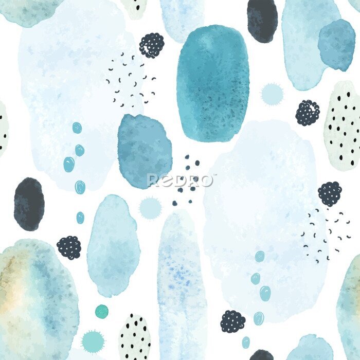 Tapete Seamless abstract pattern with colorful watercolor spots, doodles blackberries and elements memphis style. Vector handmade illustration on white background.