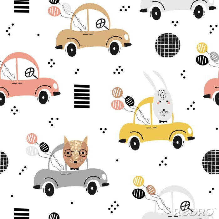 Tapete Seamless baby pattern with cute fox, rabbit in the car. Creative kids texture for fabric, textile, wallpaper, and wrapping. Vector illustration