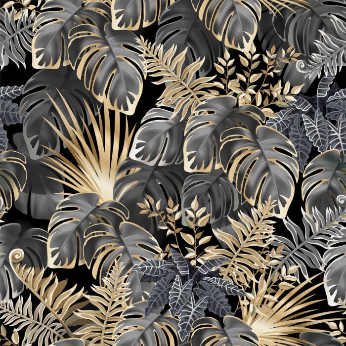 Tapete Seamless background dark leaves of tropical exotic plants. Pattern jungle with palm trees and lianas. Vector 3d illustration.