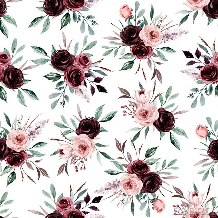 Tapete Seamless background, floral pattern with watercolor flowers pink and burgundy roses. Repeat fabric wallpaper print texture. Perfectly for wrapped paper, backdrop.