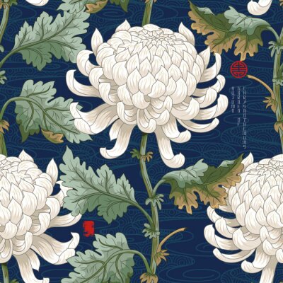 Tapete Seamless background with Japanese chrysanthemums and ornament on backdrop. Inscription Autumn garden of chrysanthemums.