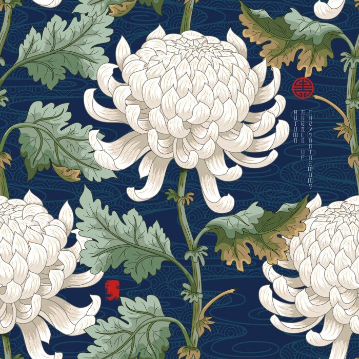 Tapete Seamless background with Japanese chrysanthemums and ornament on backdrop. Inscription Autumn garden of chrysanthemums.