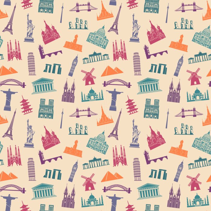 Tapete Seamless background with tourist attractions and architectural landmarks