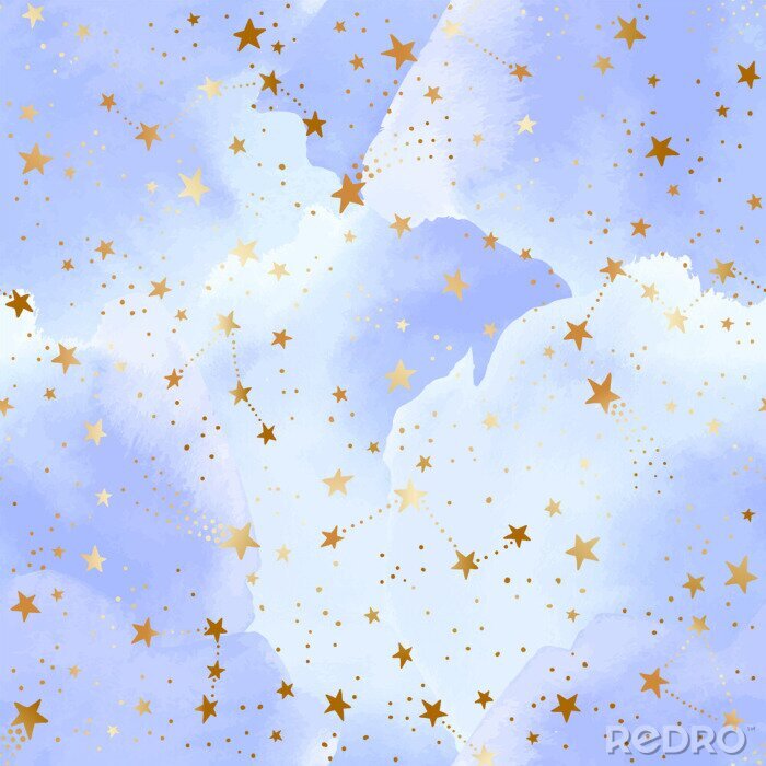 Tapete Seamless blue sky pattern with gold foil constellations, stars and watercolor clouds