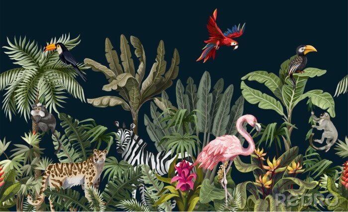 Tapete Seamless border with jungle animals, flowers and trees. Vector.