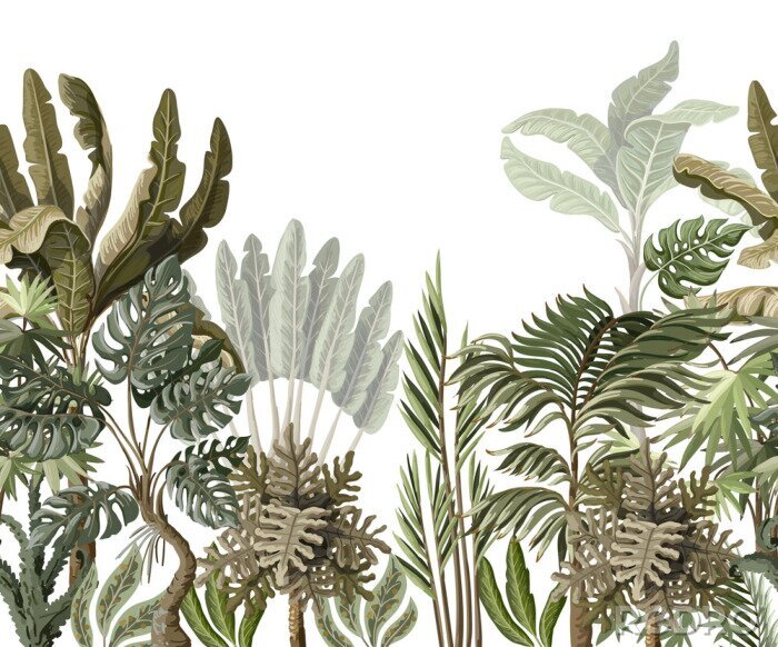 Tapete Seamless border with tropical tree such as palm, banana, monstera. .