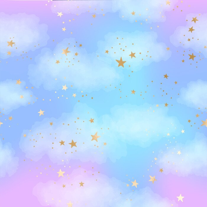 Tapete Seamless bright blue and lilac sky pattern with gold constellations, stars and watercolor clouds