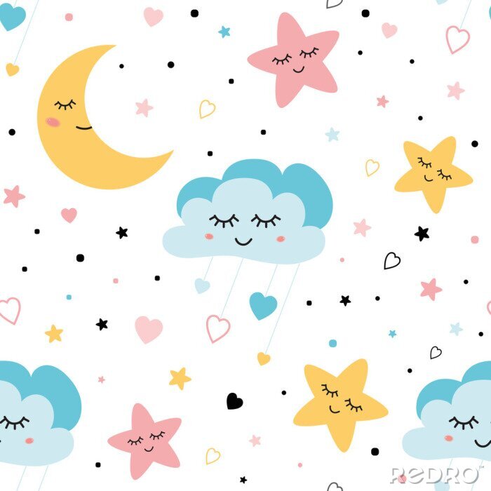 Tapete Seamless childish pattern with baby stars cloud moon Kids texture fabri wallpaper background Vector illustration