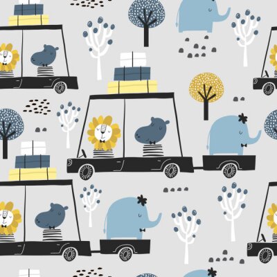 Seamless childish pattern with cute friends, lion, hippo, elephant in the car. Creative kids texture for fabric, wrapping, textile, wallpaper, apparel. Vector illustration