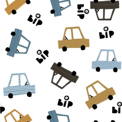 Tapete Seamless childish pattern with hand cartoon drawn cars. Creative kids texture for fabric, wrapping, textile, wallpaper, apparel. Vector illustration