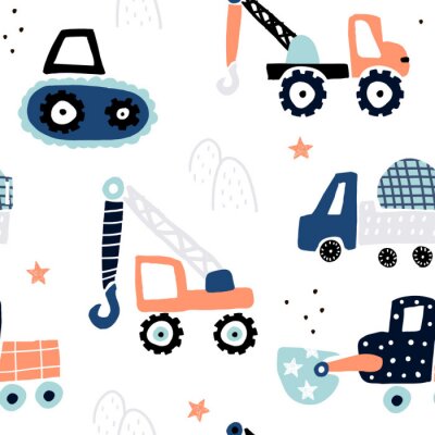 Tapete Seamless childish pattern with hand drawn building cars. Creative kids texture for fabric, wrapping, textile, wallpaper, apparel. Vector illustration