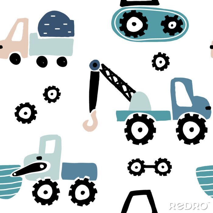 Tapete Seamless childish pattern with hand drawn cars. Creative kids texture for fabric, wrapping, textile, wallpaper, apparel. Vector illustration