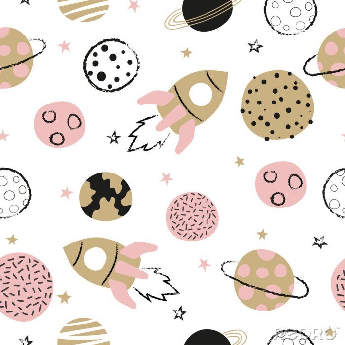 Tapete Seamless childish space pattern with hand drawn planets and rockets.