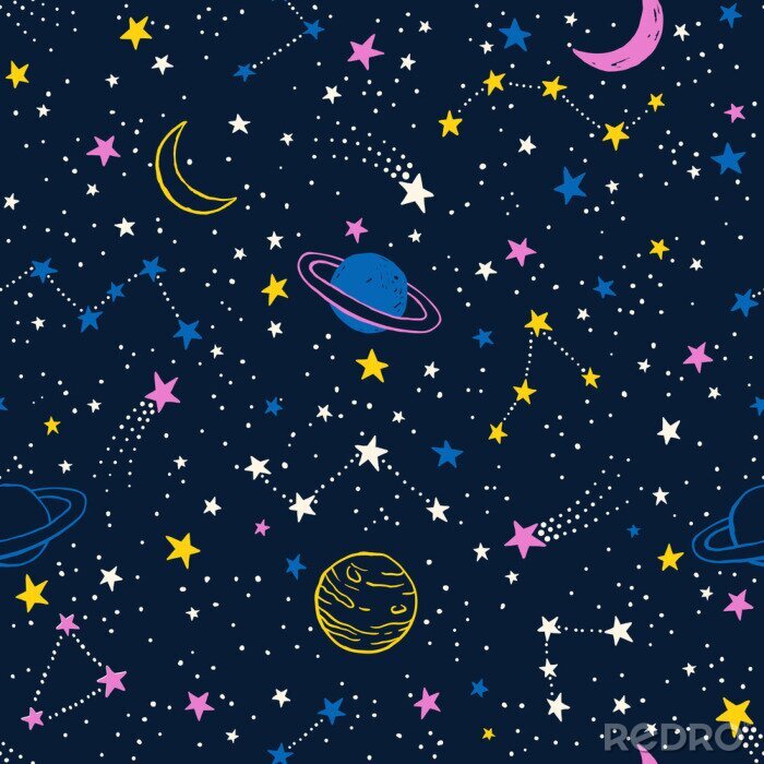 Tapete Seamless colorful pattern with planets, constellations and stars