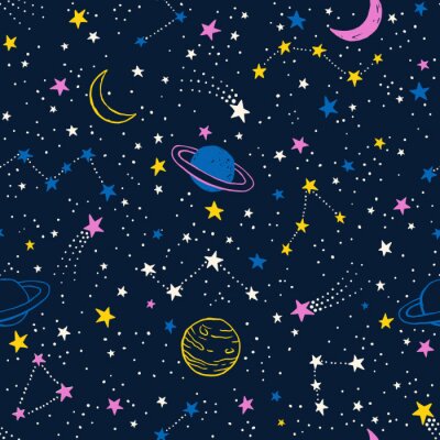 Tapete Seamless colorful pattern with planets, constellations and stars