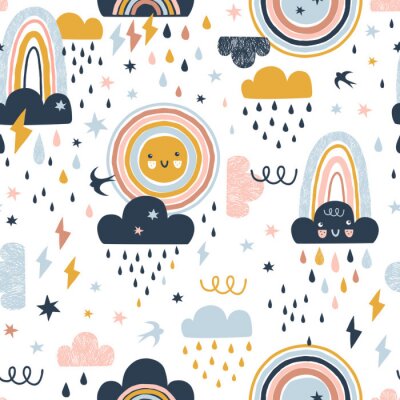 Tapete Seamless cute pattern with hand drawn rainbows, rain drops, clouds sun and martlets. Creative scandinavian childish background for fabric, wrapping, textile, wallpaper, apparel. Vector illustration