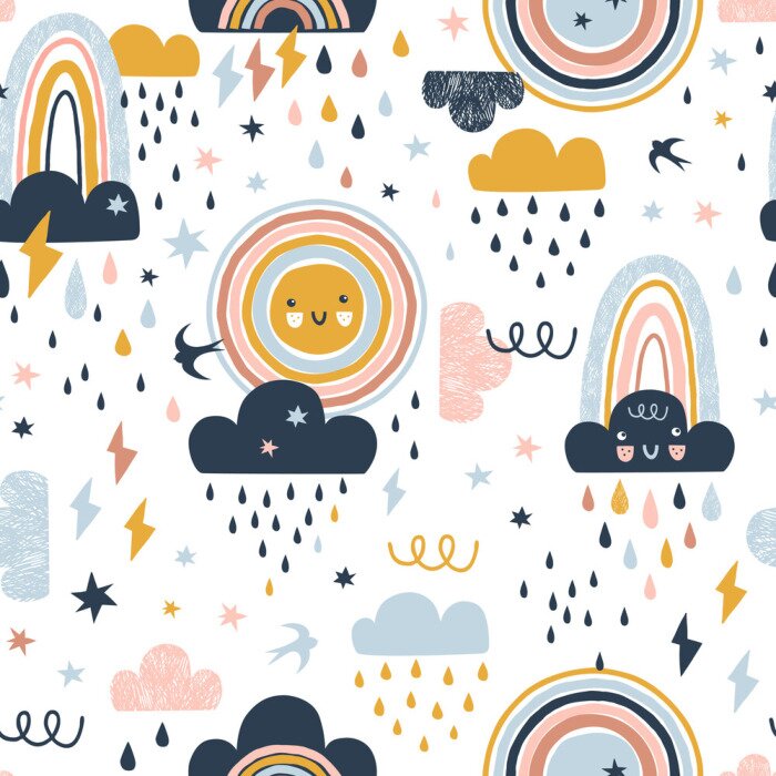 Tapete Seamless cute pattern with hand drawn rainbows, rain drops, clouds sun and martlets. Creative scandinavian childish background for fabric, wrapping, textile, wallpaper, apparel. Vector illustration