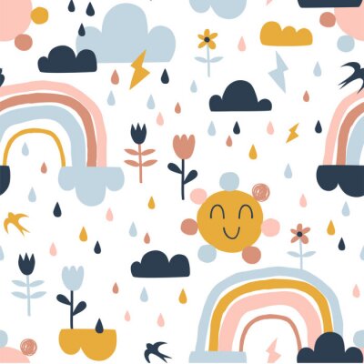 Tapete Seamless cute pattern with hand drawn rainbows, rain drops, clouds sun, flowers and martlets. Creative scandinavian childish background for fabric, wrapping, textile, wallpaper, apparel. Vector