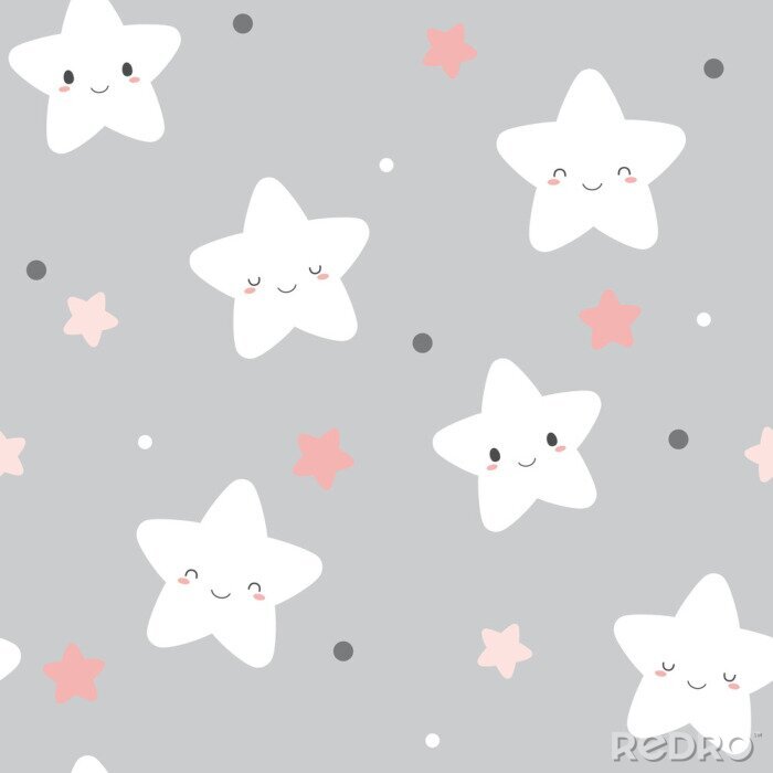Tapete Seamless cute smiley white stars pattern on pastel grey background.