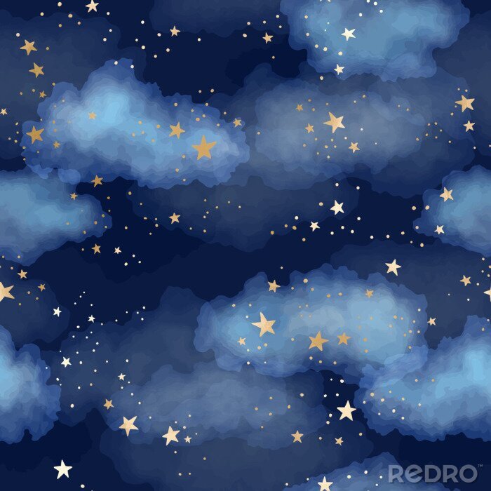 Tapete Seamless dark blue night sky pattern with gold foil constellations, stars and watercolor clouds