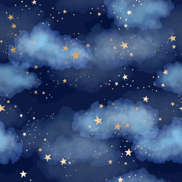 Tapete Seamless dark blue night sky pattern with gold foil constellations, stars and watercolor clouds