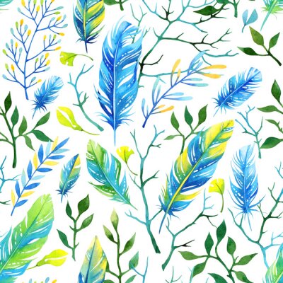 Tapete Seamless floral Aquarell Muster mit Federn