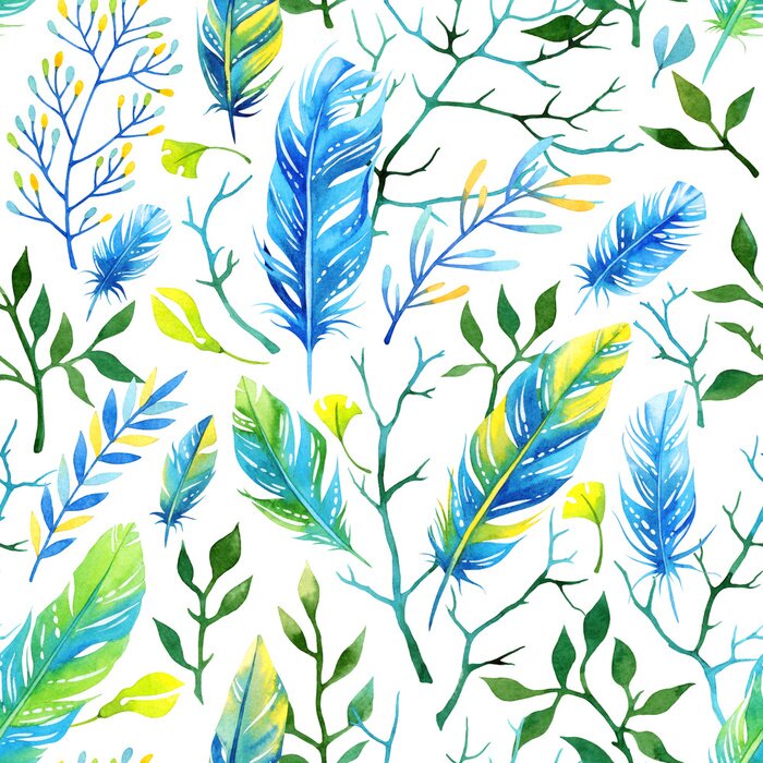 Tapete Seamless floral Aquarell Muster mit Federn