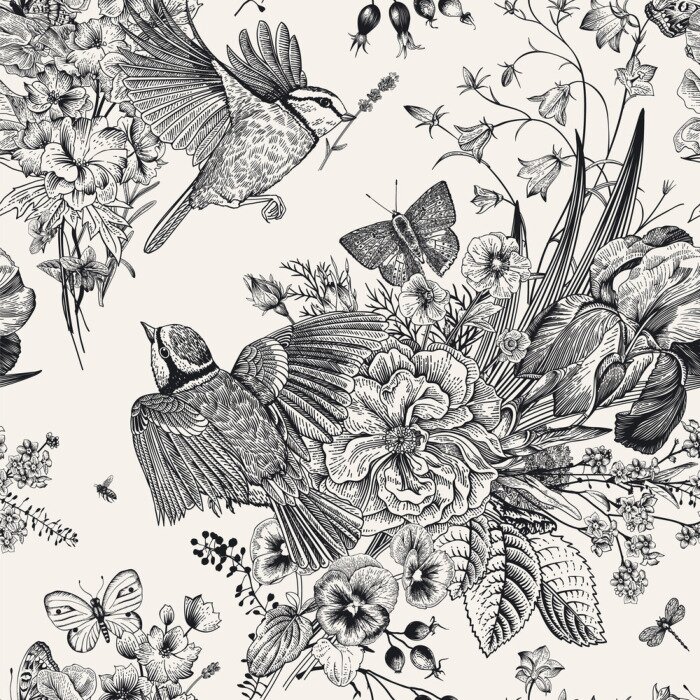 Tapete Seamless floral pattern. Tits, flowers, butterflies. Vector vintage botanical illustration. Black and white