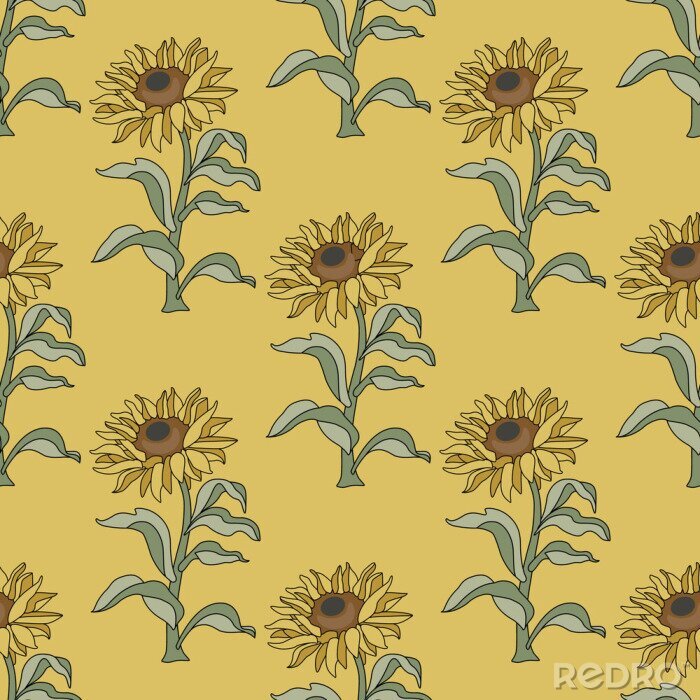 Tapete Seamless floral pattern with branches of sunflower plant.