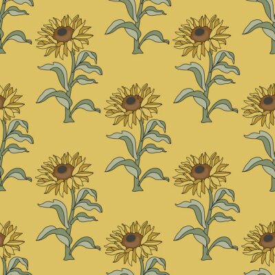 Tapete Seamless floral pattern with branches of sunflower plant.