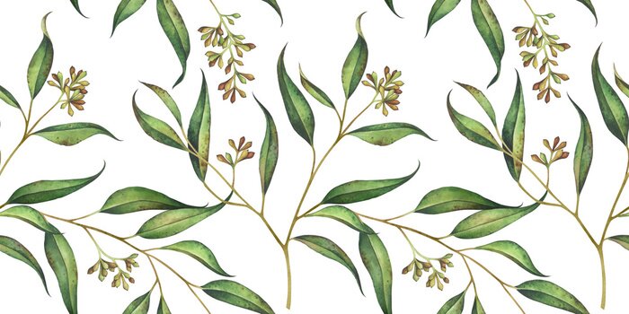 Tapete Seamless floral pattern with eucalyptus branches. Watercolor illustration.