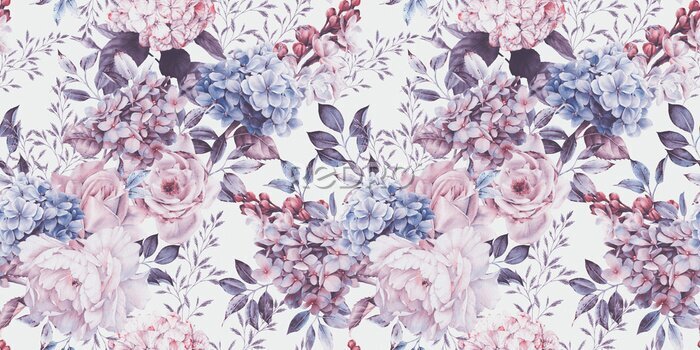 Tapete Seamless floral pattern with flowers on light background, watercolor. Template design for textiles, interior, clothes, wallpaper. Botanical art