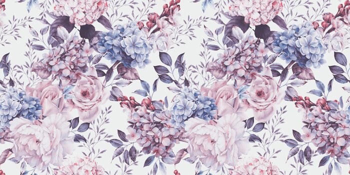 Tapete Seamless floral pattern with flowers on light background, watercolor. Template design for textiles, interior, clothes, wallpaper. Botanical art