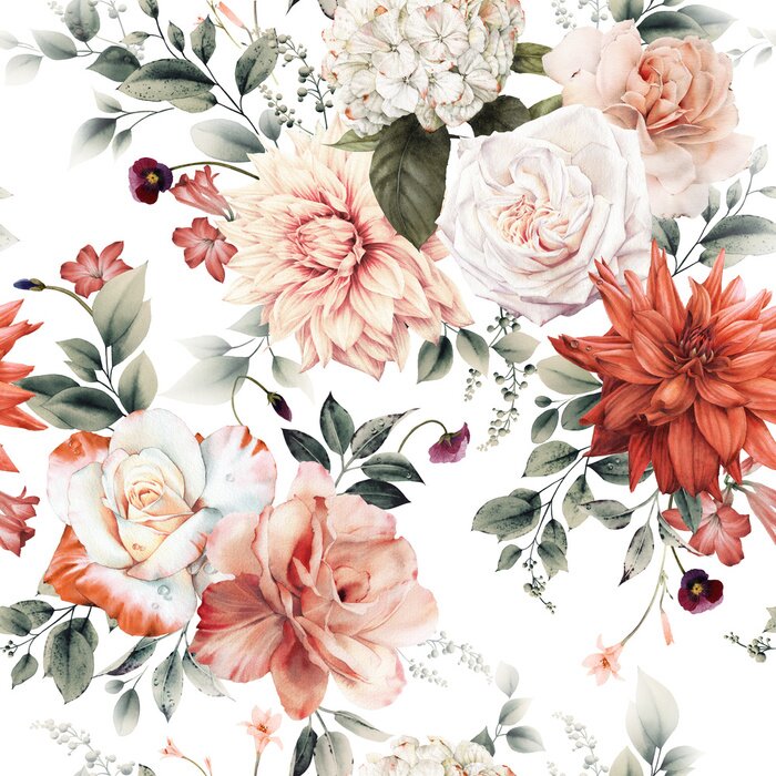 Tapete Seamless floral pattern with flowers on summer background, watercolor illustration. Template design for textiles, interior, clothes, wallpaper