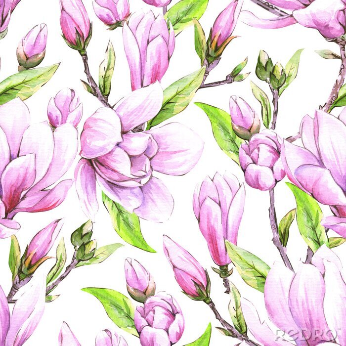 Tapete Seamless floral wallpaper with japanese magnolia flowers, watercolor pattern for  spring woman dress.