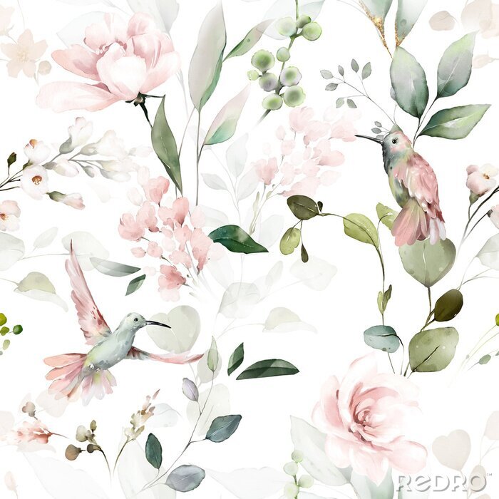 Tapete seamless floral watercolor pattern with garden pink flowers roses, leaves, birds, branches. Botanic tile, background.