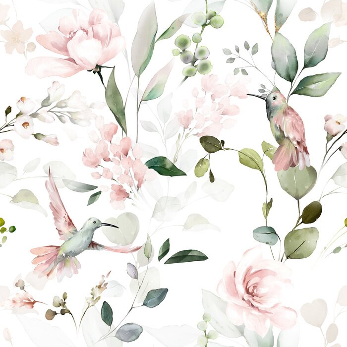 Tapete seamless floral watercolor pattern with garden pink flowers roses, leaves, birds, branches. Botanic tile, background.