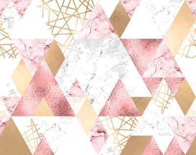 Tapete Seamless geometric pattern with metallic lines, rose gold, gray and pink marble triangles