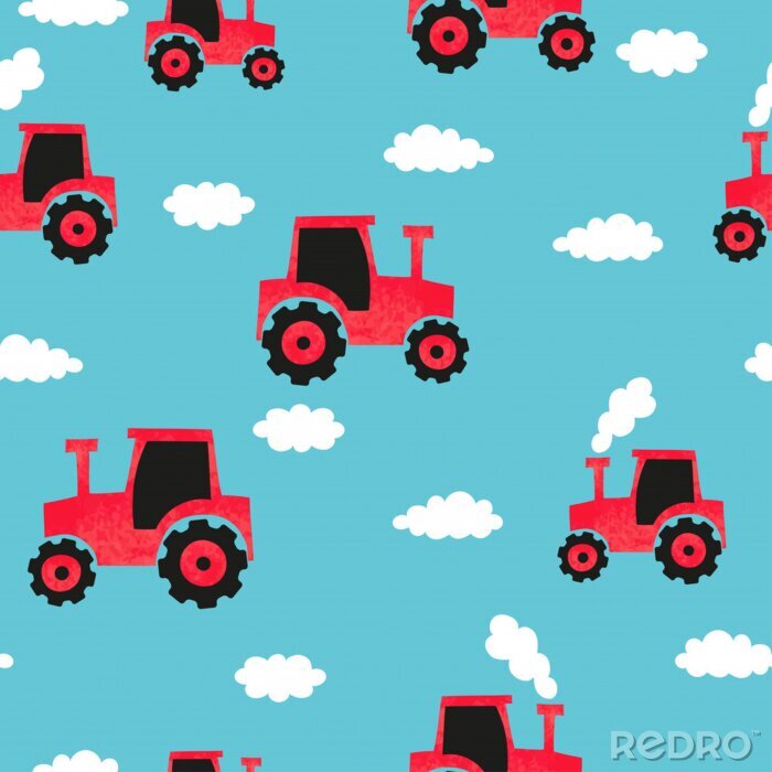 Tapete Seamless hand drawn red tractor pattern for kids design.