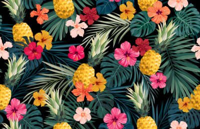  Seamless hand drawn tropical vector pattern with exotic palm leaves, hibiscus flowers, pineapples and various plants on dark background.