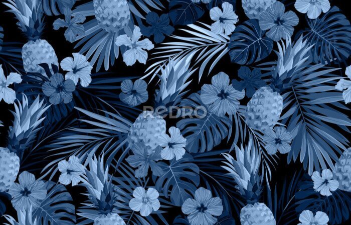 Tapete Seamless hand drawn tropical vector pattern with exotic palm leaves, hibiscus flowers, pineapples and various plants on dark background.