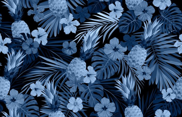 Tapete Seamless hand drawn tropical vector pattern with exotic palm leaves, hibiscus flowers, pineapples and various plants on dark background.