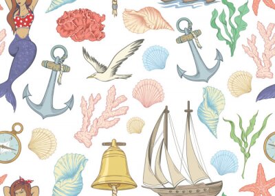 Tapete Seamless nautical pattern with ships, mermaid, coral and other marine objects