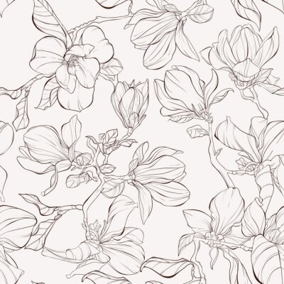 Seamless pattern, background with blooming magnolia flowers. Outline drawing.