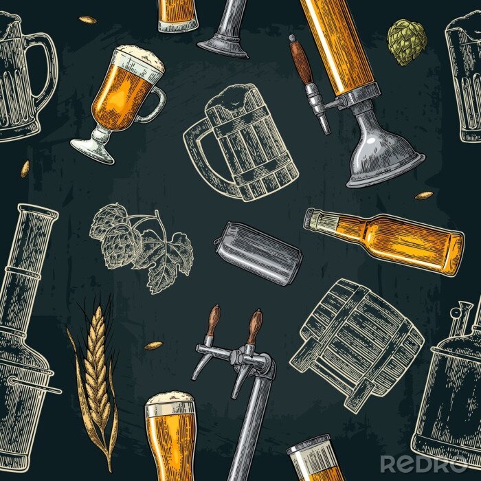 Tapete Seamless pattern beer tap, class, can, bottle and hop.
