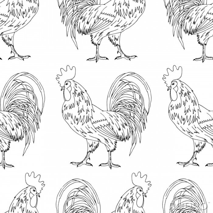 Tapete seamless pattern, black and white linear rooster pattern